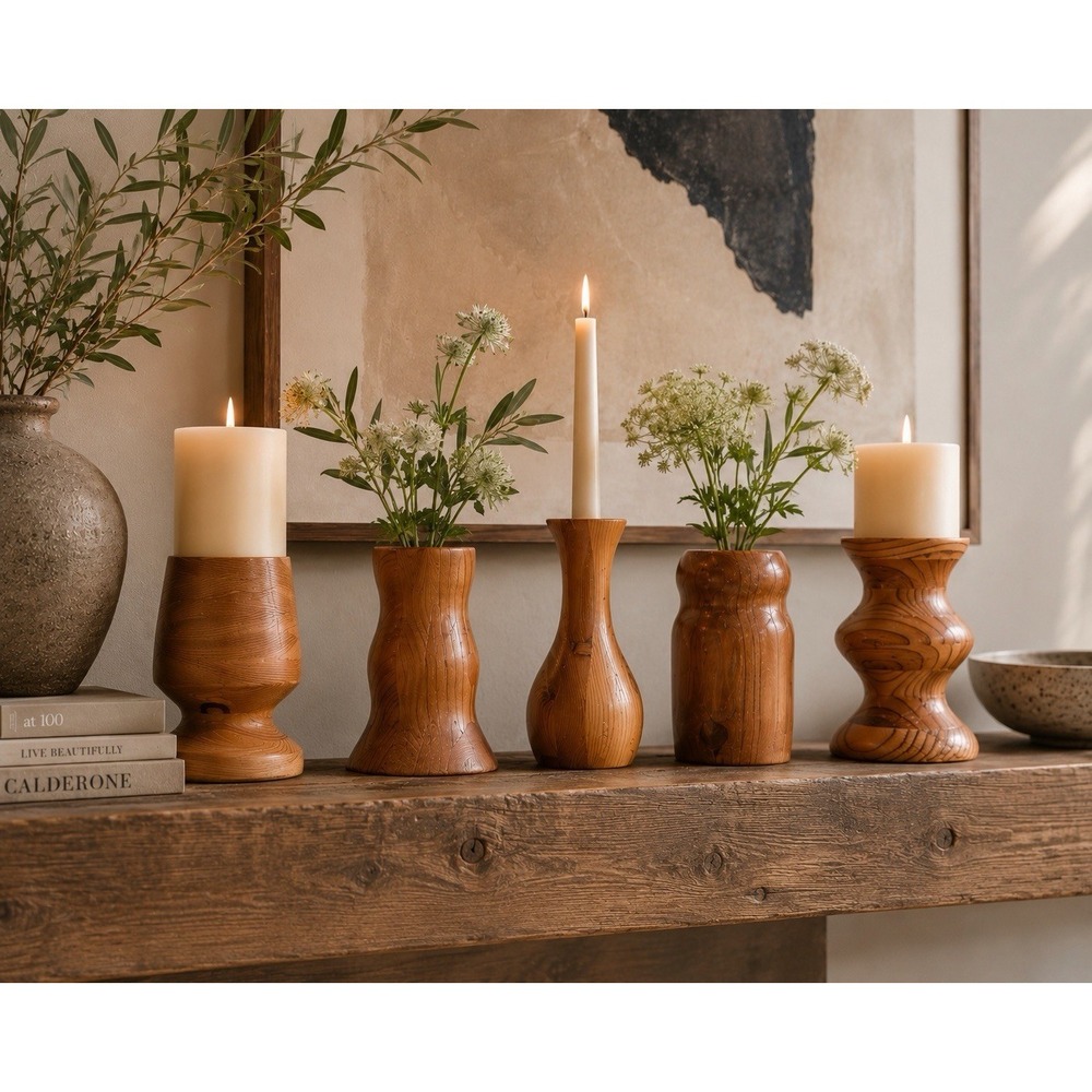 Lot 5 Handmade Turned Wood Candlestick Vases Vessels Rustic‎ Farmhouse Cottage